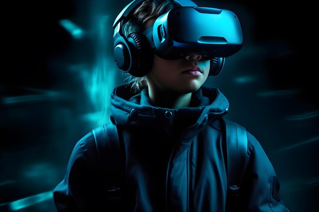 Retrato de um menino em um capacete de realidade virtual O conceito de realidade virtual