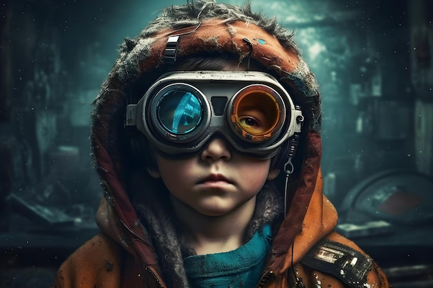 Retrato de um menino em um capacete de realidade virtual O conceito de realidade virtual