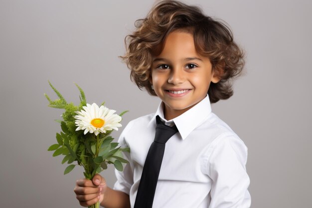 retrato de um menino encantador com cabelos escuros em uma camisa branca e gravata preta estendendo um pequeno buquê em um fundo cinza e sorrindo doce Dia Internacional da Mulher Dia das Mães e outros feriados