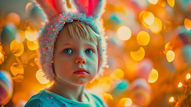 Retrato de um menino engraçado com orelhas de coelho de pelúcia na cabeça cobrindo os olhos com ovos de Páscoa multicoloridos