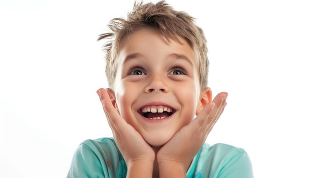 Retrato de um menino feliz, alegre e bonito isolado em fundo branco