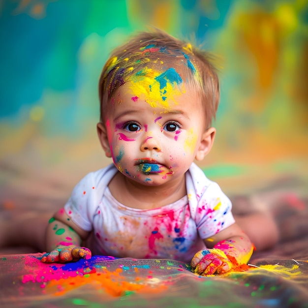 Retrato de um menino feliz com tinta em pó no festival de Holi