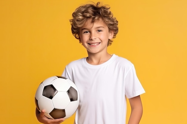 Retrato de um menino feliz segurando uma bola de futebol isolado em um fundo amarelo Tshirt mockup