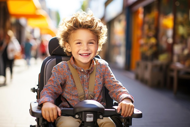 Retrato de um menino incapacitado sorridente em uma cadeira de rodas