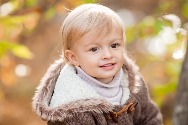 Retrato de um menino loiro com uma camisola de malha no outono. Foto de alta qualidade