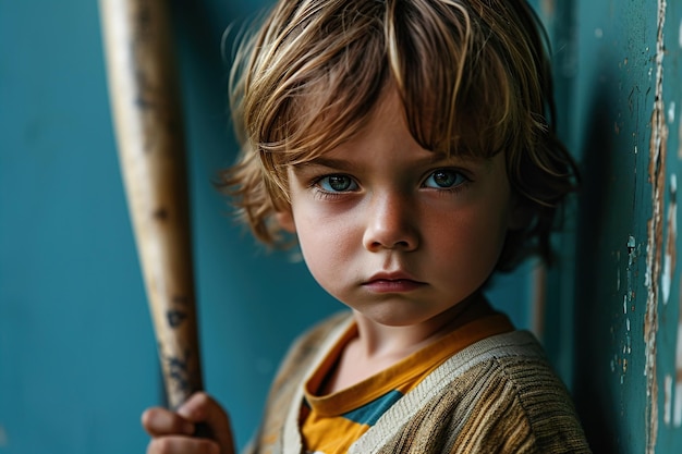 Retrato de um menino loiro de olhos azuis bonito e sério com um taco de beisebol em um fundo azul