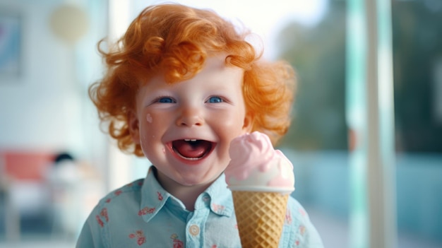 Retrato de um menino ruivo desfrutando de um cone de sorvete de cores vibrantes espaço de cópia