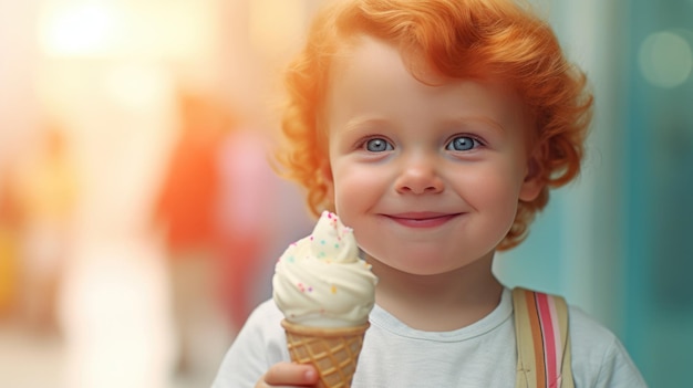 Retrato de um menino ruivo desfrutando de um cone de sorvete de cores vibrantes espaço de cópia