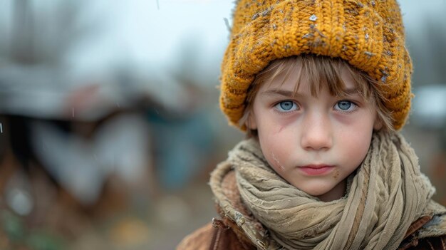 Foto retrato de um menino sem-abrigo com um chapéu e um lenço quentes