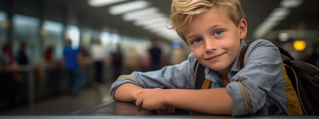 Retrato de um menino sentado nos assentos na área de espera do aeroporto