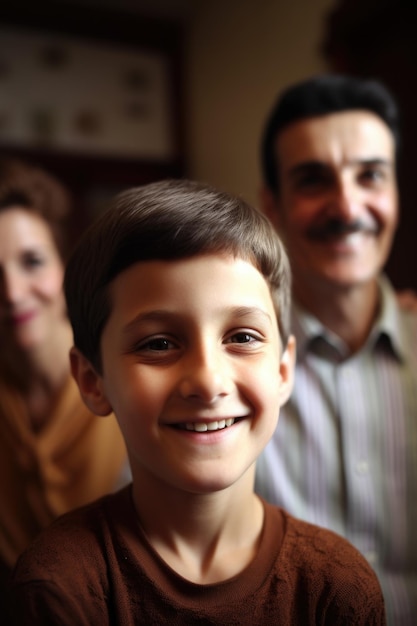 Retrato de um menino sorridente com seus pais no fundo criado com IA generativa