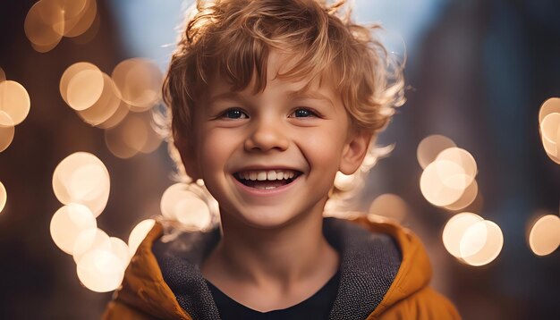 Retrato de um menino sorridente com uma jaqueta amarela em um fundo de luzes de Natal