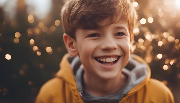 Retrato de um menino sorridente com uma jaqueta amarela no fundo de uma árvore de Natal