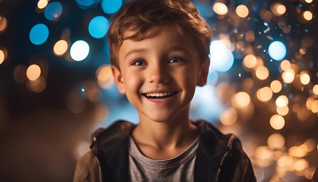 Foto retrato de um menino sorridente em um fundo de luzes de natal