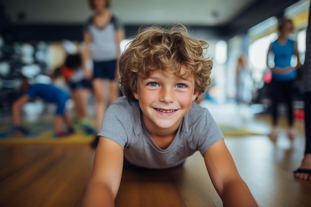 Foto retrato de um menino sorridente fazendo flexões em um tapete de fitness no ginásio