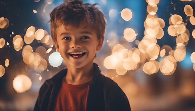 Retrato de um menino sorridente no fundo das luzes de Natal