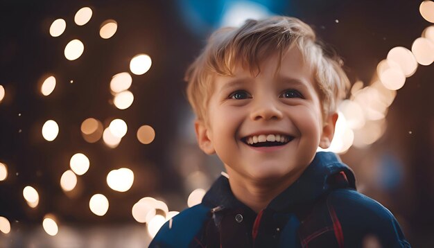 Retrato de um menino sorridente no fundo das luzes de Natal