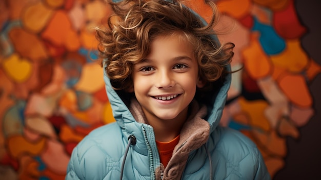 retrato de um menino sorridente posando em um fundo colorido