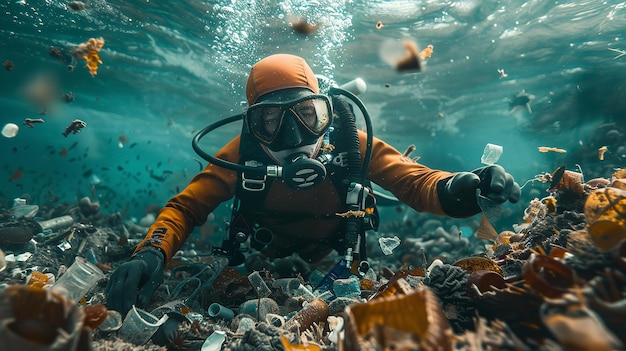 Retrato de um mergulhador limpando plásticos do oceano com um grande espaço para texto ou publicidade de produto IA geradora