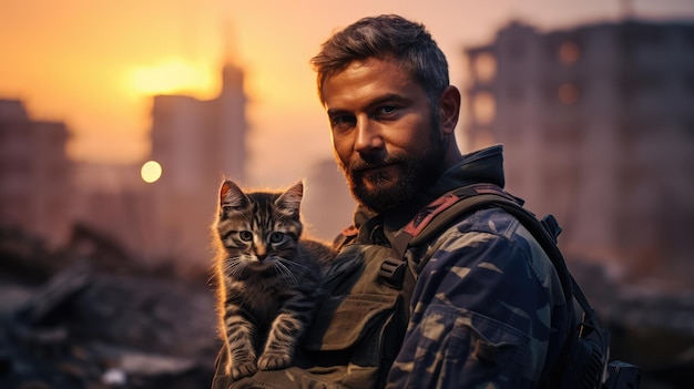 Retrato de um militar segurando um gatinho
