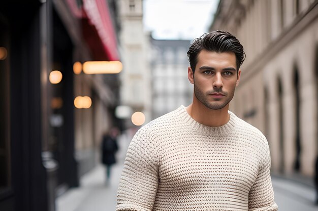 Retrato de um modelo masculino em um suéter bege na rua da cidade velha no outono