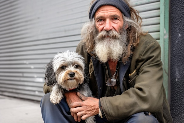 Retrato de um morador de rua sentado na calçada com seu cachorro criado com IA generativa