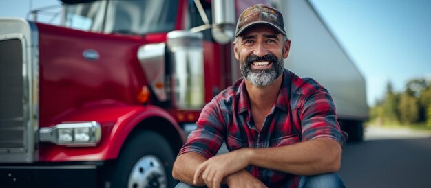 Retrato de um motorista de caminhão caucasiano sorridente posando perto de um caminhão de carga