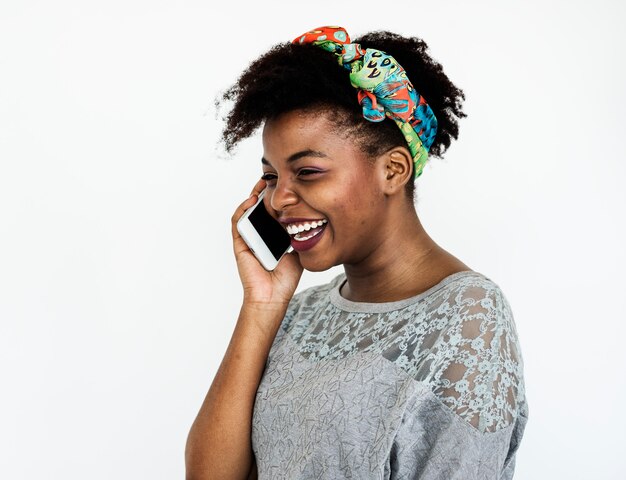 Retrato, de, um, mulher africana, telefone