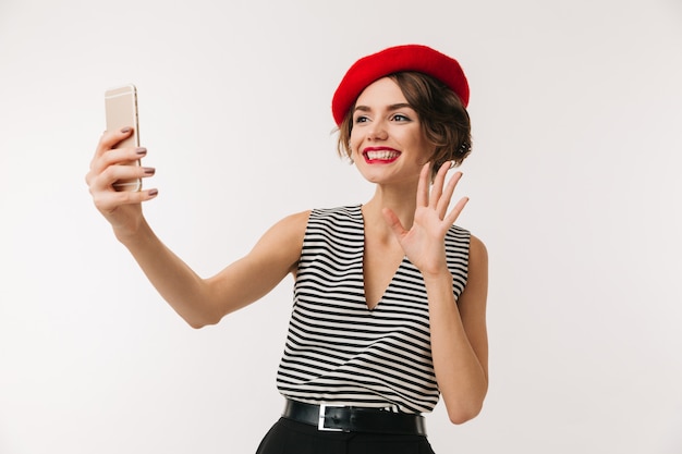 Retrato, de, um, mulher feliz, desgastar, boina vermelha