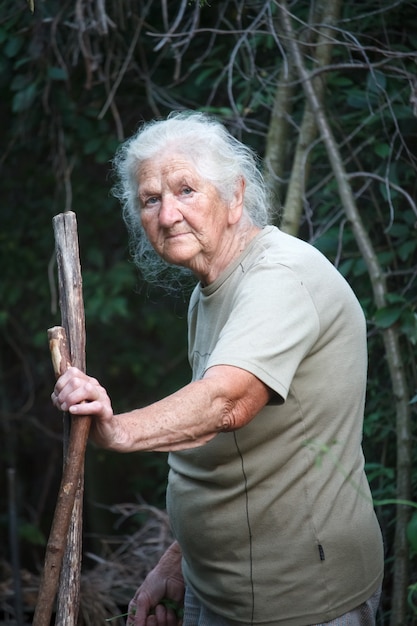 Retrato, de, um, mulher velha, com, artrítico, pés, andar, através, a, floresta, inclinar-se, um, vara, como, um, cana