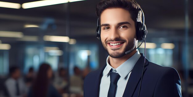 Retrato de um operador telefônico masculino sorridente de suporte ao cliente no escritório Call center e atendimento ao cliente