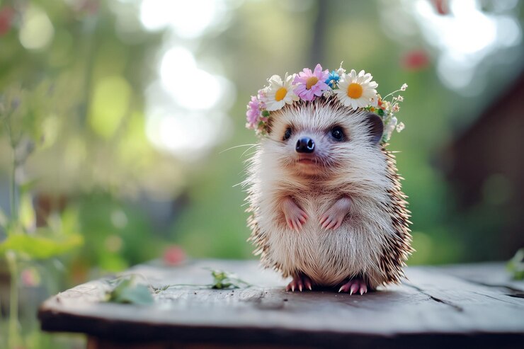 Foto retrato de um ouriço vestindo uma pequena coroa de flores artesanais de pé em uma mesa de madeira rústica com um jardim borrado ao fundo
