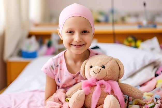 Foto retrato de um paciente com câncer de criança sorridente sentado em uma cama de hospital segurando um ursinho de pelúcia