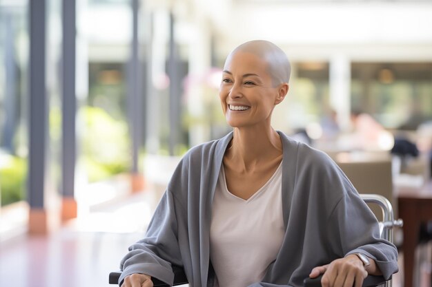 Retrato de um paciente de quimioterapia de um paciente de câncer feliz em cadeira de rodas