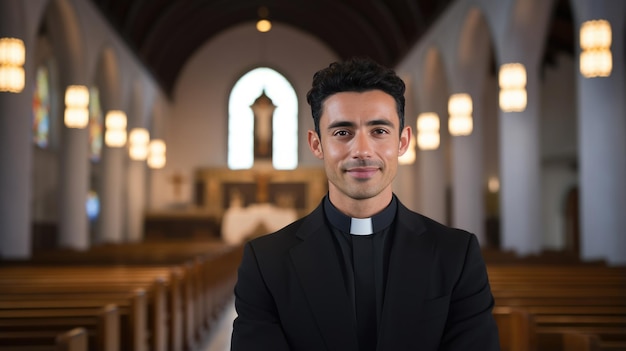 Retrato de um padre em uma igreja