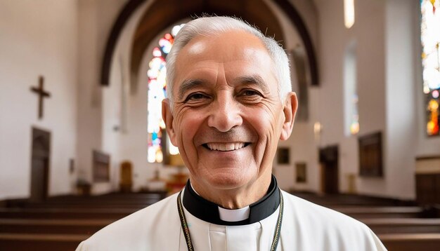 Foto retrato de um padre sorridente dentro de uma igreja