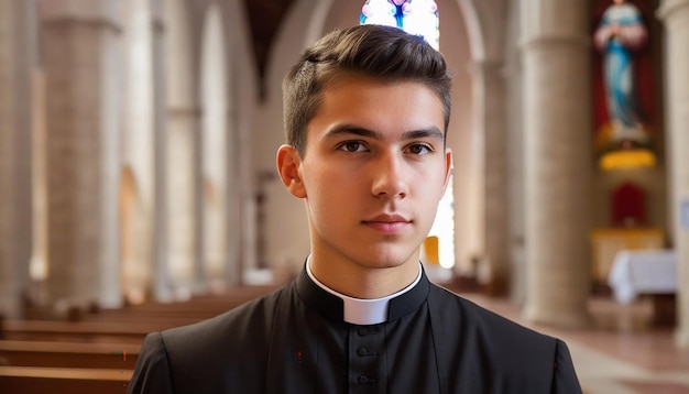 Foto retrato de um padre sorridente dentro de uma igreja