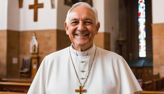 Foto retrato de um padre sorridente dentro de uma igreja