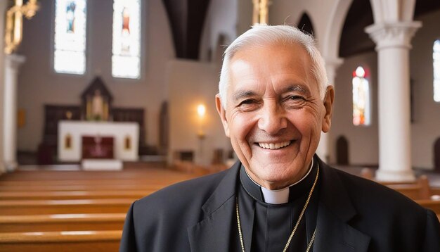 Foto retrato de um padre sorridente dentro de uma igreja