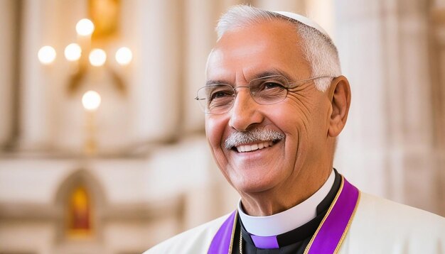 Foto retrato de um padre sorridente dentro de uma igreja