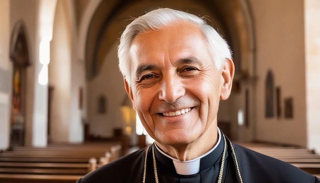 Foto retrato de um padre sorridente dentro de uma igreja