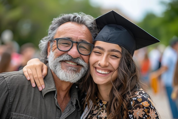 Retrato de um pai abraçando sua filha graduada no dia de sua convocação com um belo fundo borrado e espaço para texto ou produto