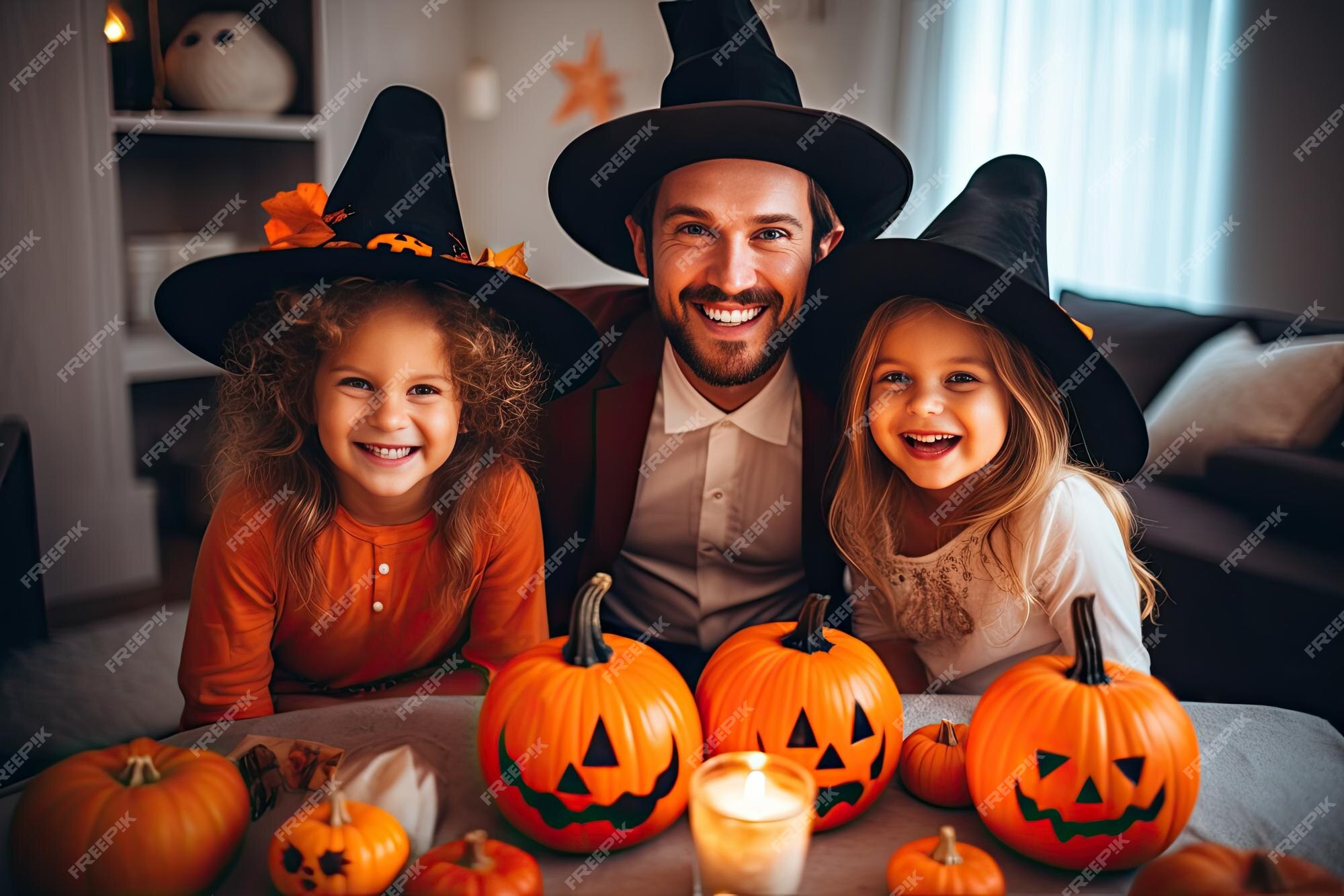 Foto Feliz Dia das Bruxas! Jovem atraente com sua pequena filha