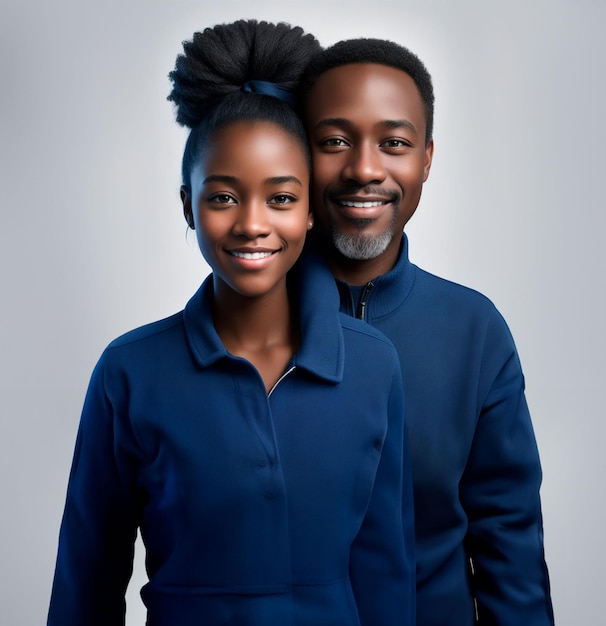 Retrato de um pai de 40 anos e sua filha negra de 16 anos feliz em pano preto e azul