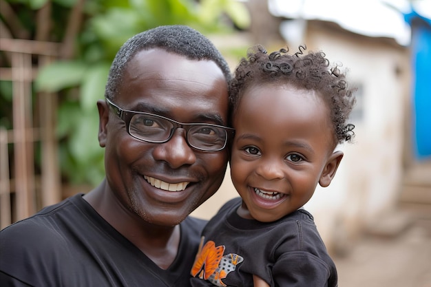 Foto retrato de um pai e um filho afro-americanos felizes sorrindo para a câmera
