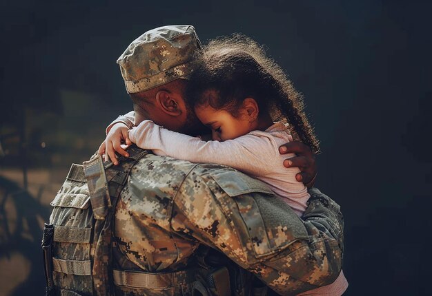 Foto retrato de um pai militar feliz e amoroso abraçando sua filha