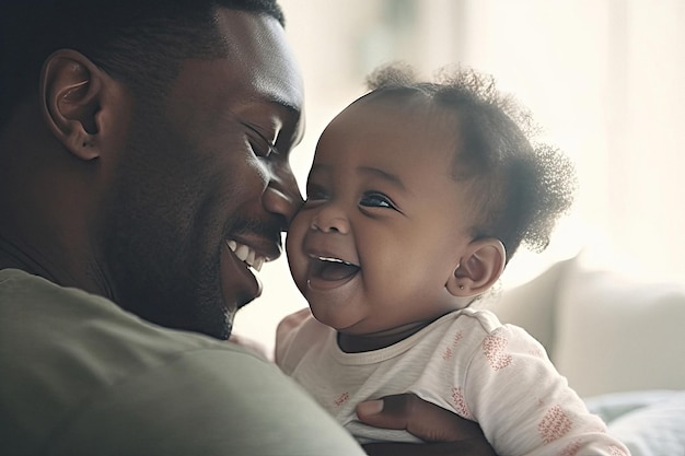 Retrato de um pai sorridente e amoroso com um bebê fofo e feliz em casa, criado com Generative AI