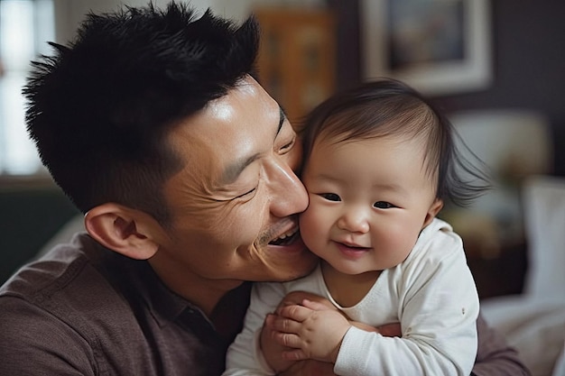 Retrato de um pai sorridente e amoroso com um bebê fofo e feliz em casa, criado com generative ai