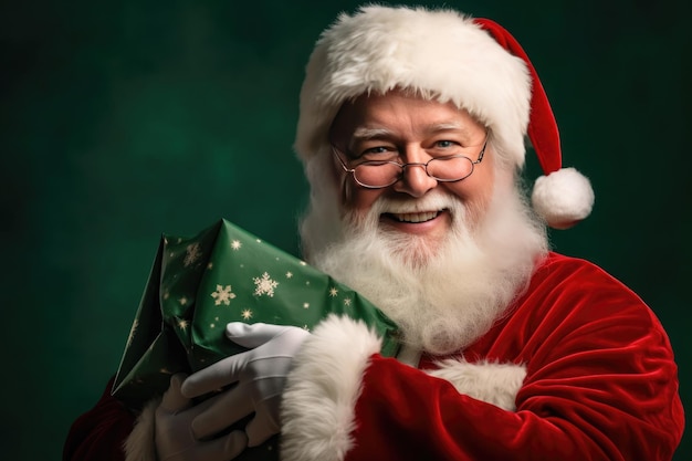 retrato de um Papai Noel feliz e alegre, segurando um presente nas mãos sobre um fundo de estúdio verde