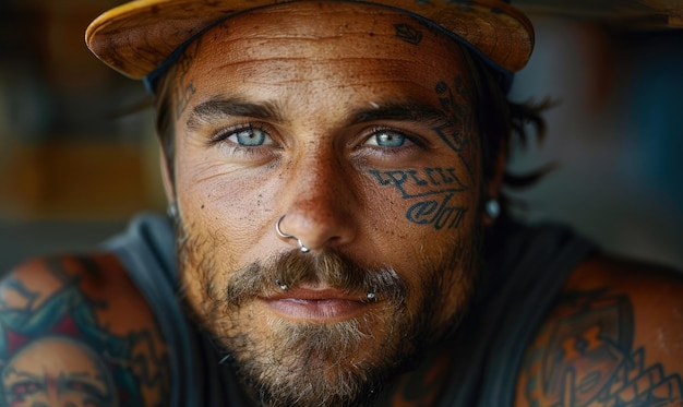 Retrato de um patinador com tatuagens e piercings exalando confiança e estilo de rua